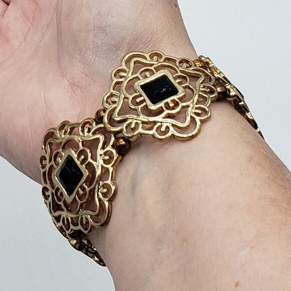 Vintage Costume Tigers Eye Tear Drop Necklace Earring Set & Black Gold Bracelet - Picture 5 of 13